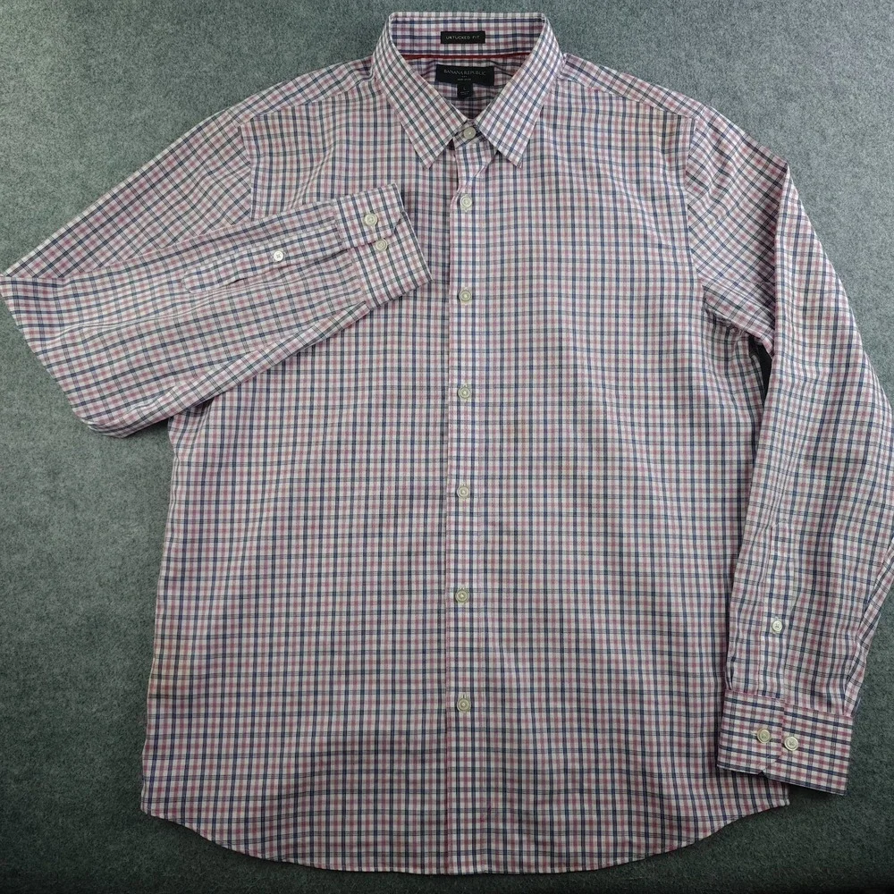 Banana Republic Shirt Mens Large Untucked Fit Non Iron Blue Pink Check Button